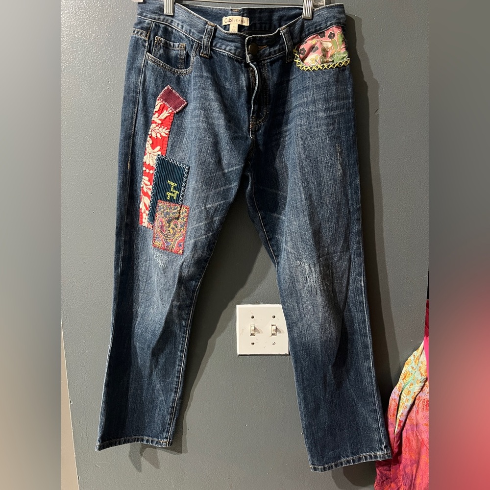 CAbi Women's Ankle Crop Jeans in Dark Denim Blue with Multicolor Patchwork